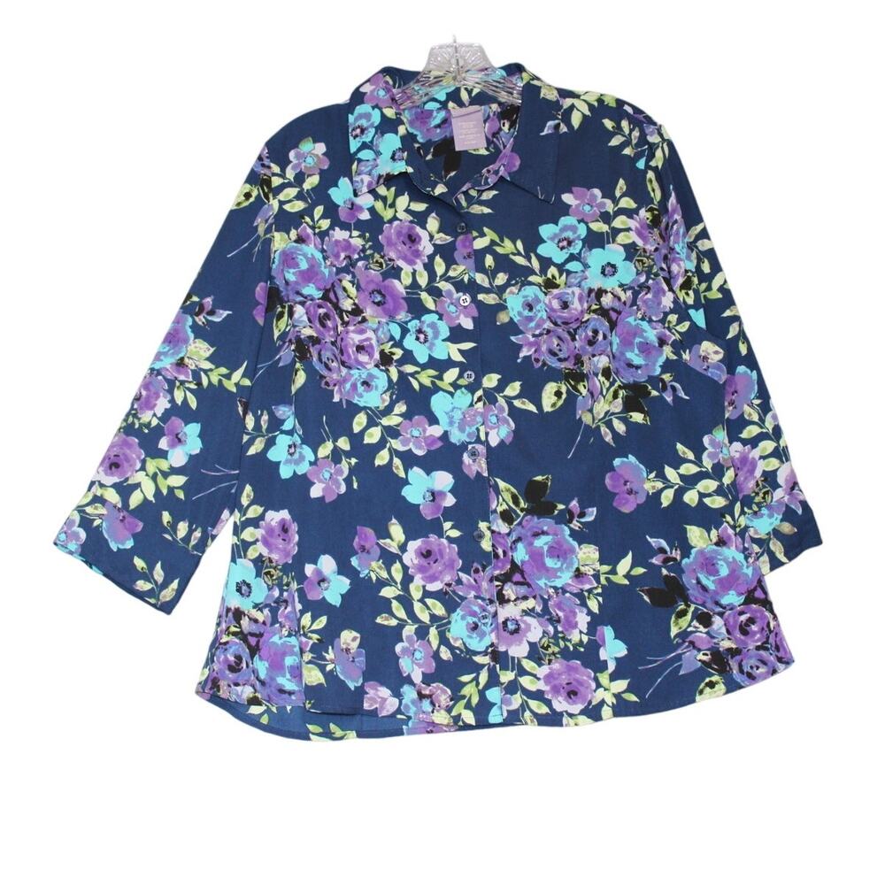 Laura Scott‎ Petite XL Women's Floral Print Blouse Button Up 3/4 Sleeve
